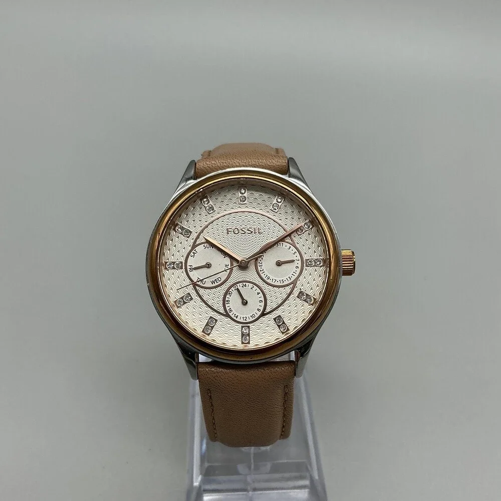 Fossil Womens Watch 36mm Rose Gold Tone Beige Leather Day Date New Battery